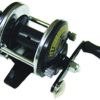 A fishing reel with a black handle and a yellow button.