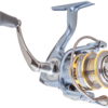 A close up of the side view of a fishing reel.