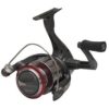 A fishing reel with a red handle and black body.