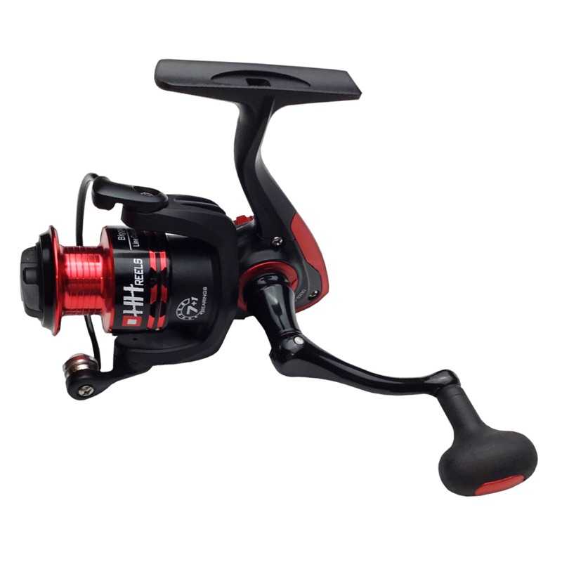 A fishing reel with a red handle and black body.