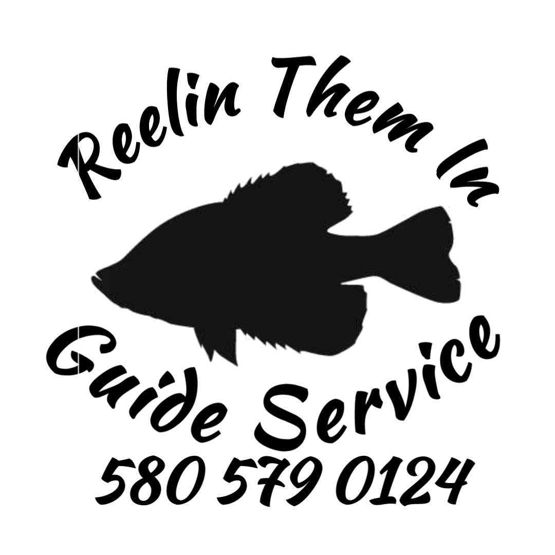 A black and white logo of a fish with the words reelin them in guide service.